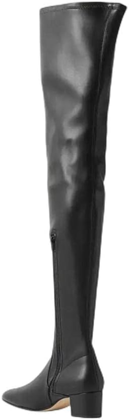 Women Soft Leather Pull On Side Zipper Square Toe Low Chunky Heel Over Knee Boots Shoes