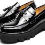 Men Black Soft Patent Leather Platform Chunky Heel Loafers Fashion Tassel Business Casual Formal Work Shoes Non-Slip Lug Sole Slip-On  Loafers