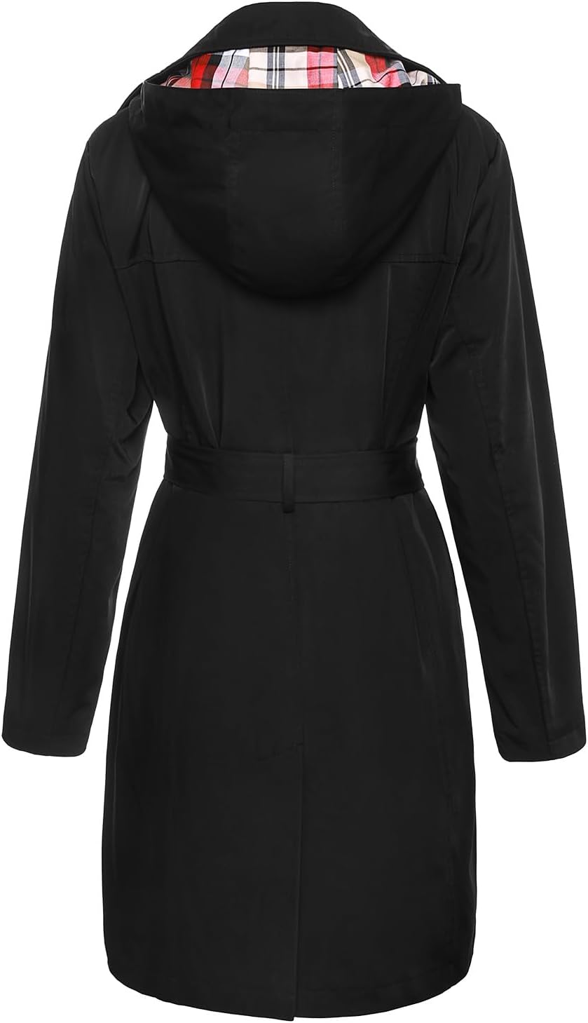 Women Water-Resistant Trench Coat Double-Breasted Long Peacoat with Removable Hood