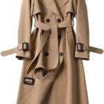 Women Double Breasted Long Trench Coat Belted Notch Lapel Overcoat Windproof Classic Outerwear