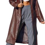 Women Casual Lapel Open Front Pu Faux Leather Long Trench Coat with Belt