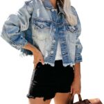 Denim Jackets for Women Button Down Cropped Frayed Jean Jacket Long Sleeve Distressed Ripped Denim Jacket Coat