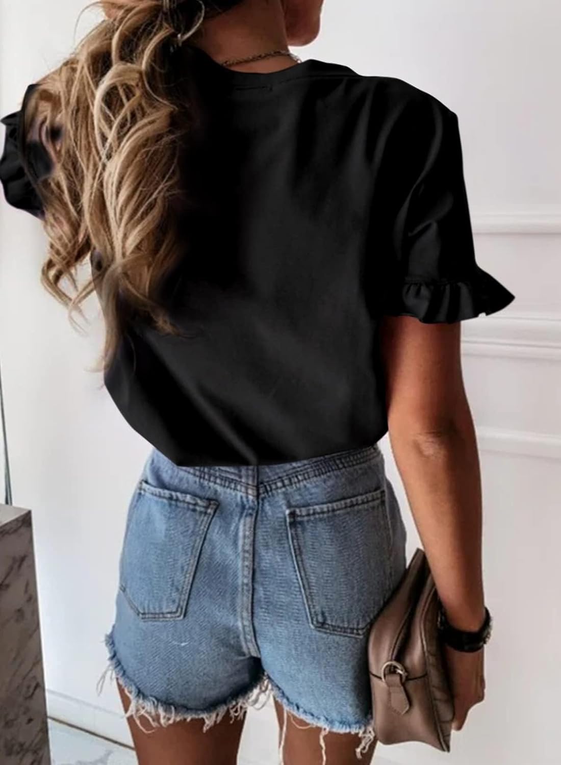 Women Short Sleeve Casual T Shirts Summer Ruffle Plain Round Neck Loose Fit Tee Blouse Tops