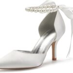 Women Pearl White Wedding Shoes for Bride High Heels Pointed Toe Bridal Shoes Satin Prom Party Dress Pumps Sandals