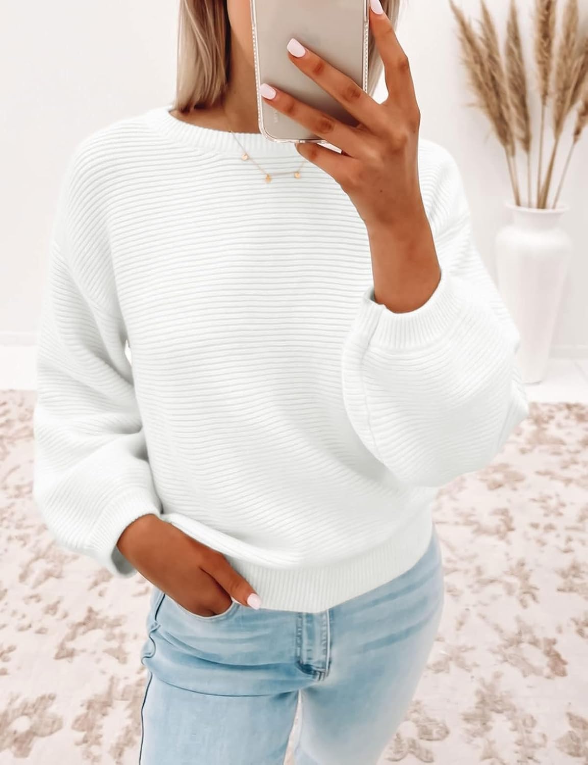 Women Crew Neck Long Lantern Sleeve Casual Loose Ribbed Knit Solid Soft Pullover Sweater Tops