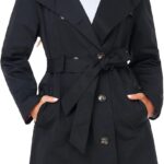Women Water-Resistant Trench Coat Double-Breasted Long Peacoat with Removable Hood
