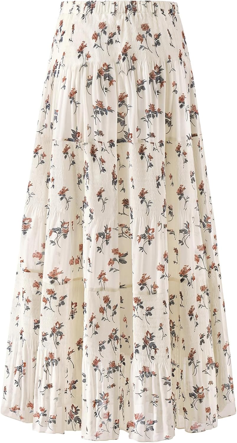 Maxi Skirts for Women Pleated Long Flowy Chiffon Elastic Waist Tiered A Line Skirt