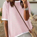 Women Tops Casual Summer Crewneck Short Sleeve Striped Color Block Knit High Low Trendy Pullover Sweaters