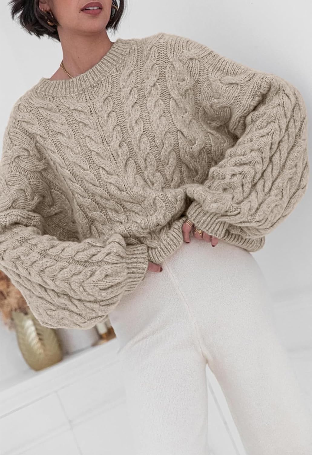 Women Sweaters Spring 2025 Cable Knit Long Sleeve Crewneck Oversized Sweater Chunky Pullover Loose Outfits