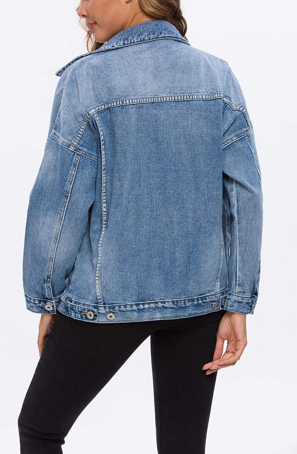 Women Vintage Washed Denim Jacket Long Sleeve Classic Loose Jean Trucker Jacket D003