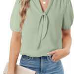 Blouses for Women Dressy Short Sleeve Tie Knot V Neck Shirts Business Casual Tops