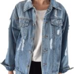 d Denim Jacket for Women  Long Sleeve Boyfriend Jean Jacket Loose Coat