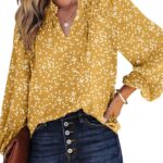 women Casual V Neck  Floral Print Smocked Long Sleeve Chiffon Blouses Bohemian Top Shirts