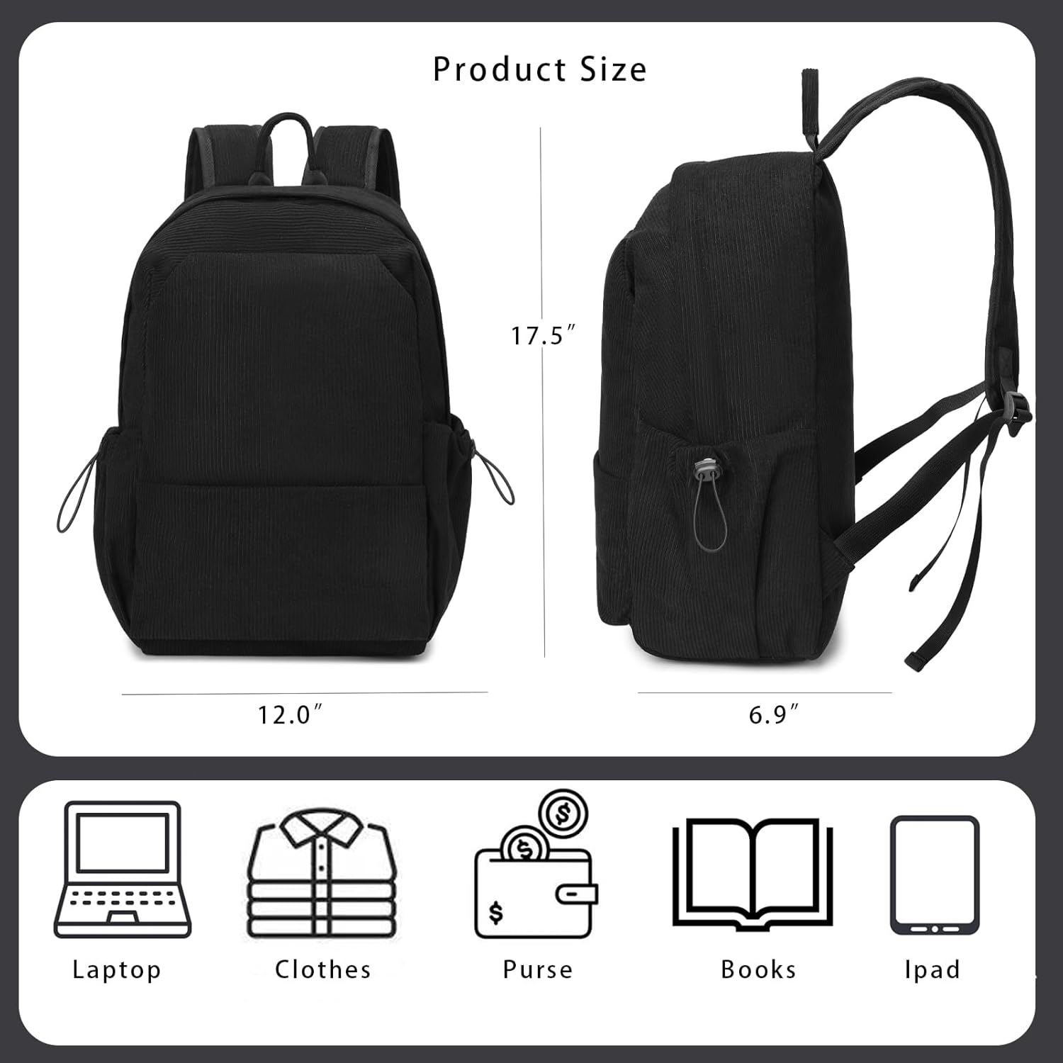 Laptop Backpack for Women and Men, Waterproof Lightweight Travel Daily Rucksack Casual 15.6 inches Computer Bags for , Black Corduroy