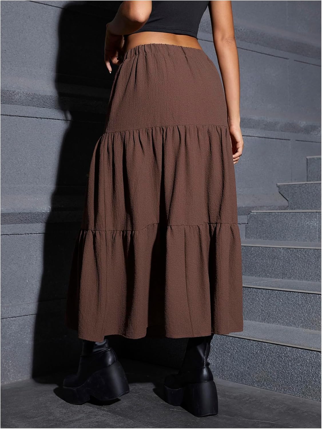 Women Maxi Skirt Elastic High Waist Ruffle Hem Casual Long Skirts