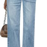 Straight Leg Jeans for Women High Waisted Stretchy Frayed Raw Hem Loose Denim Pants Casual Baggy Jean Trousers