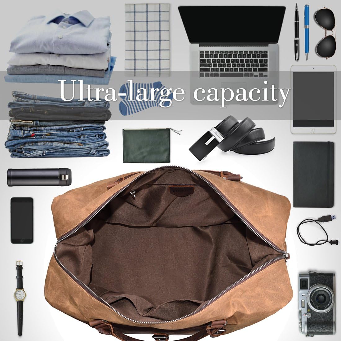 Oversized Travel Duffel Bag Waterproof Canvas Genuine Leather Weekend bag Overnight Carryon Hand Bag Brown