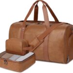 3PCS Faux Leather Bag for Women Men Large Overnight Bag Travel Duffel Bag with Shoe Compartment Toiletry Packing Cube Carry On Bag Fit 21" Laptop(Light Brown)