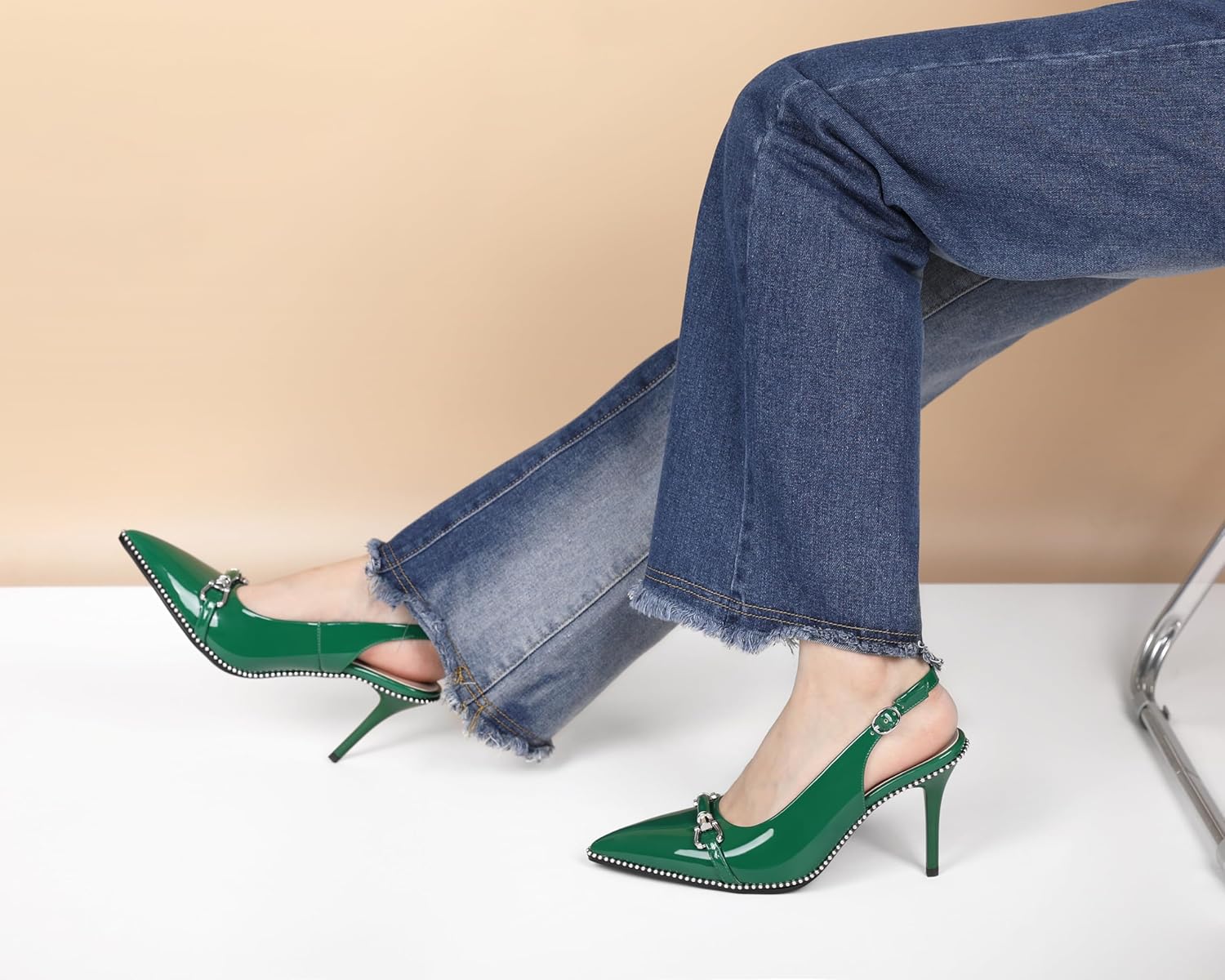 Women Beaded Pumps Slingback High Heel Stilettos Pointed Toe Shoes Slip On 3.5 Inch Ankle Strap Adjustable Patent Leather US Size 5-13