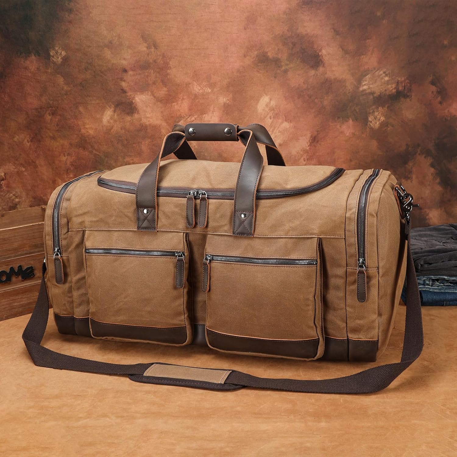 26” Waxed Canvas Cowhide Leather Waterproof Travel Duffel Bag Trim Luggage Overnight Carry on Hand Bag (Brown-26")