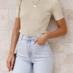 Women Short Sleeve Crewneck T Shirt 2025 Summer Ribbed Knit Slim Fit Basic Solid Color Tee Tops