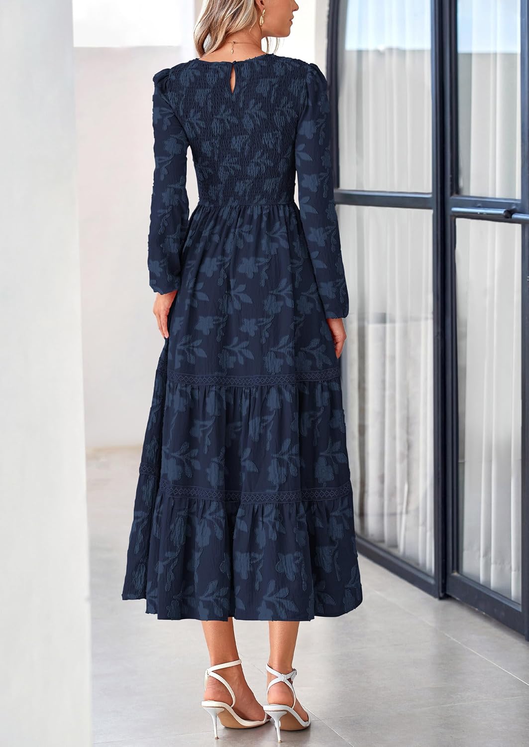 Women Spring Midi Dress Fall Elegant Long Sleeve Smocked Flowy Boho Floral Wedding Guest Party Dresses