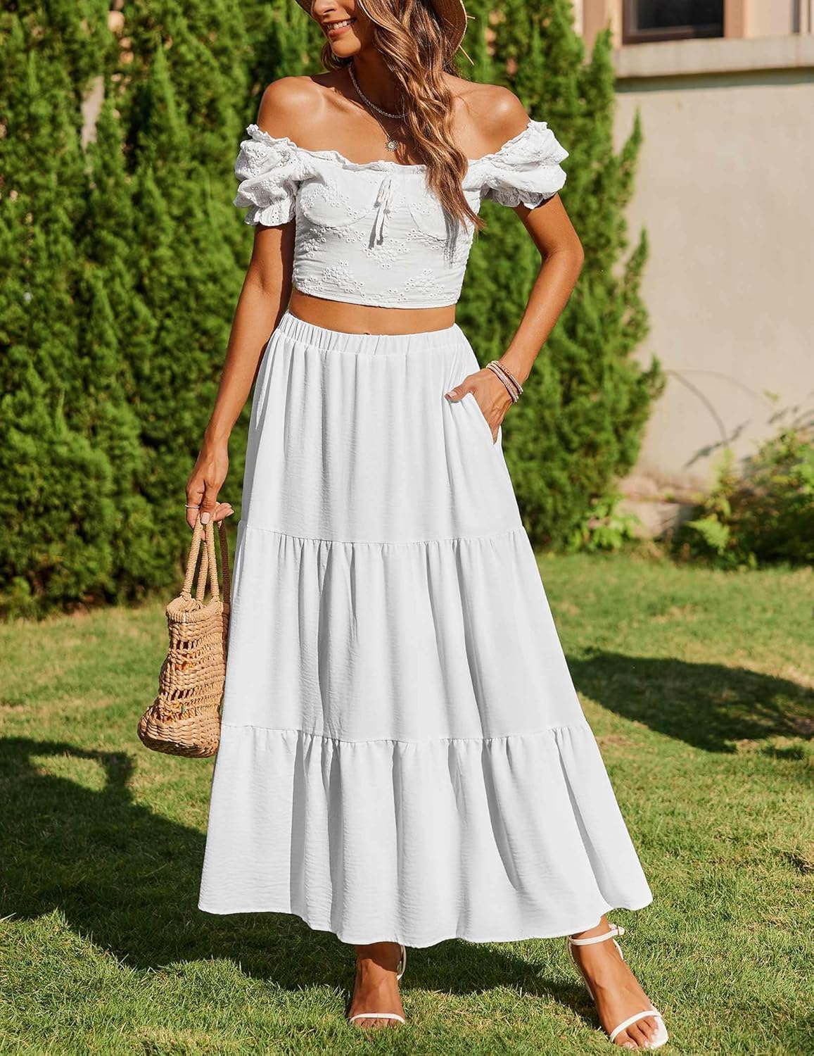 Skirts for Women Summer Boho Casual Maxi Flowy Elastic High Waist A-Line Tiered Swing Floral Long Skirts with Pockets
