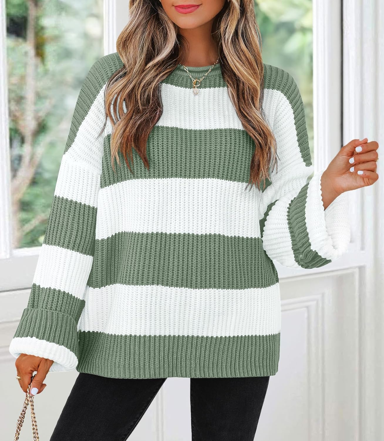 Women Fall Long Sleeve Crew Neck Striped Color Block Comfy Loose Oversized Knitted Pullover Sweater