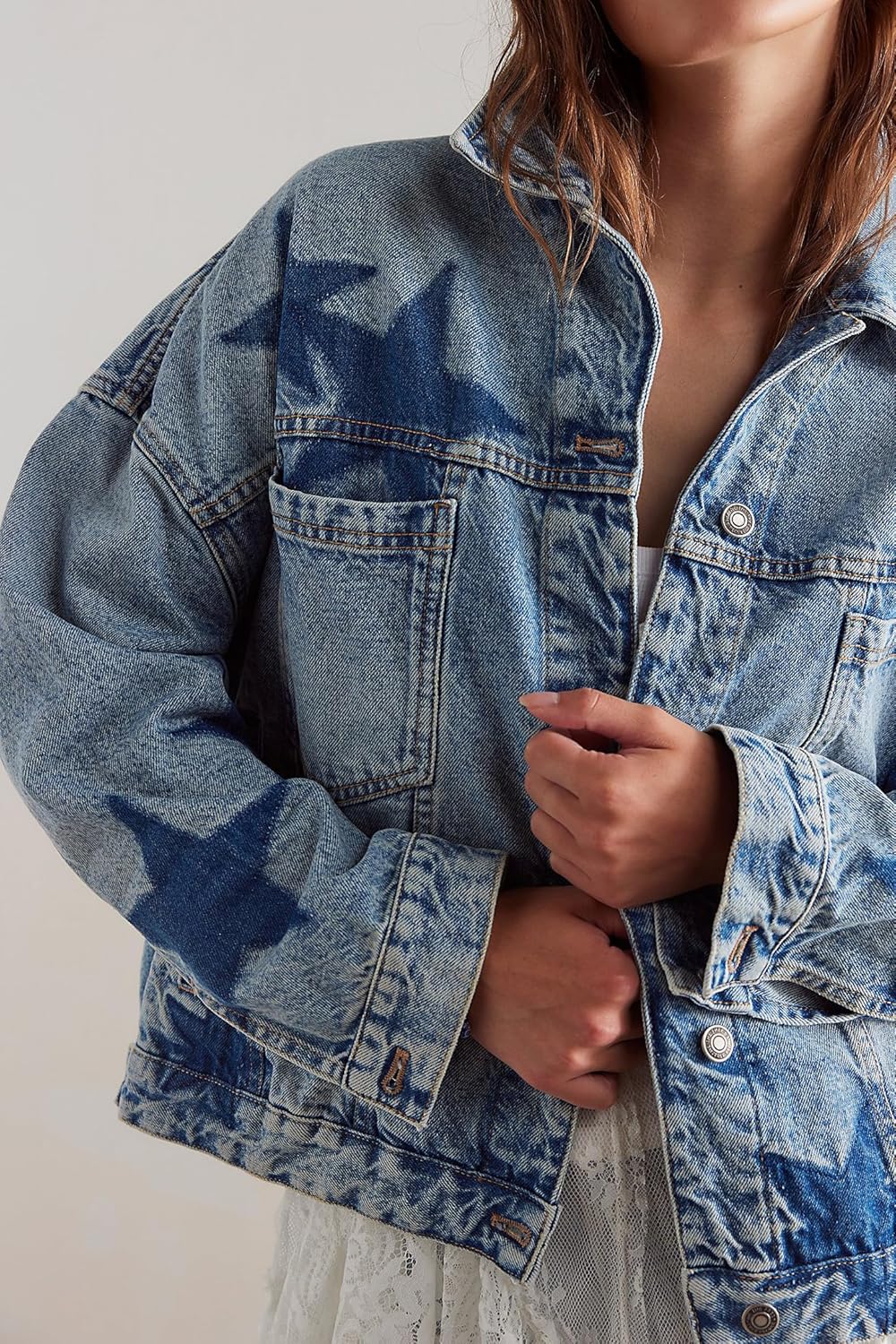 Women Casual Denim Jacket d Leopard Stars Printed Boyfriend Vintage Jean Jacket Coat with Pockets