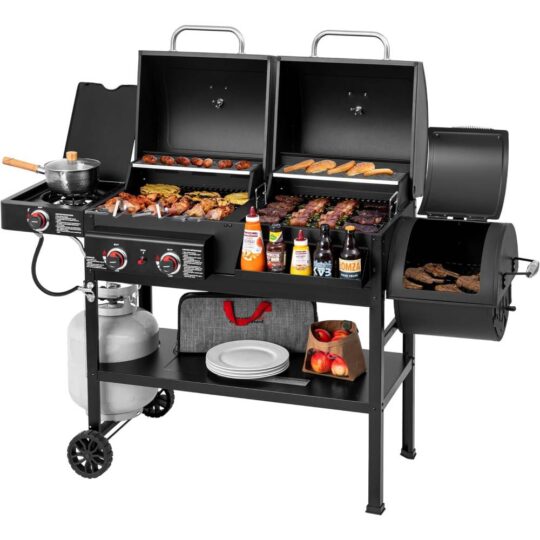 2-Burner Gas & Charcoal Combo Grill with Smoker & Side Burner, 34,000 BTU, 1020 Sq In, Black