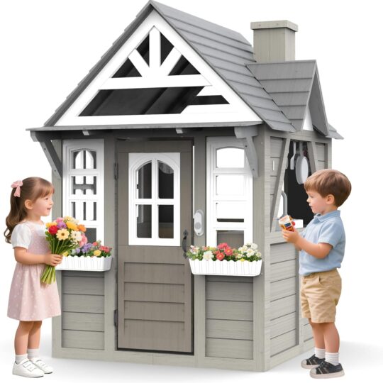 Kids Wooden Outdoor Playhouse with Kitchen & Accessories, Ages 3–8