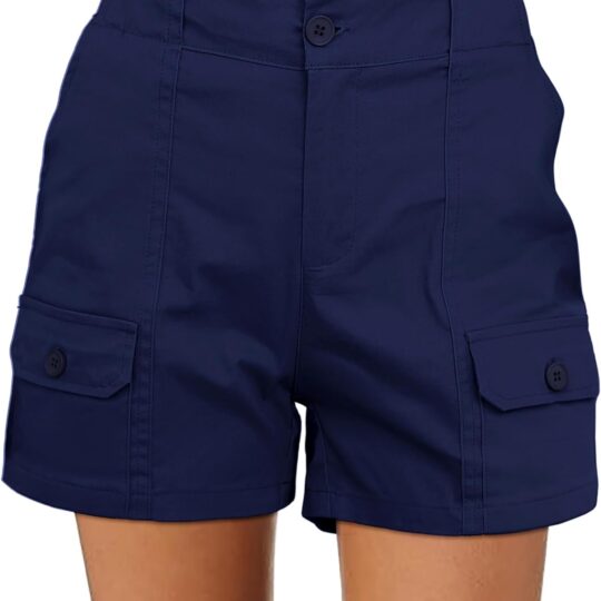 Cargo Shorts for Women Casual Summer High Waisted Chino Shorts Ribbed Elastic Waist Utility Pockets Comfy Shorts