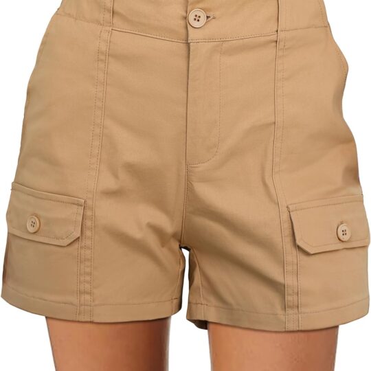 Cargo Shorts for Women Casual Summer High Waisted Chino Shorts Ribbed Elastic Waist Utility Pockets Comfy Shorts