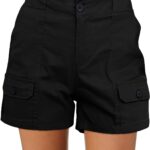 Cargo Shorts for Women Casual Summer High Waisted Chino Shorts Ribbed Elastic Waist Utility Pockets Comfy Shorts