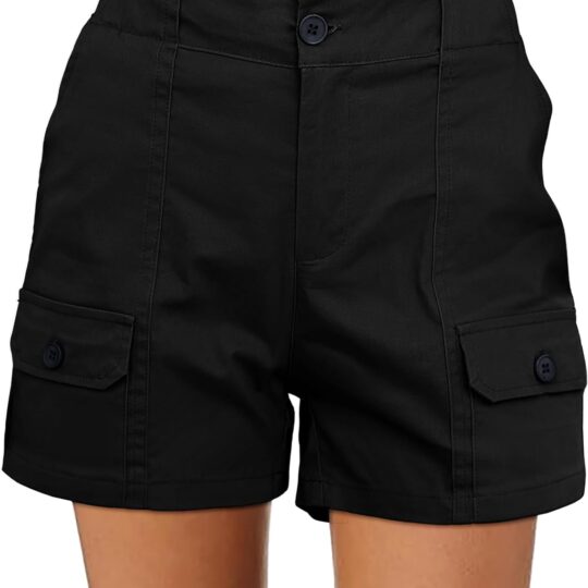 Cargo Shorts for Women Casual Summer High Waisted Chino Shorts Ribbed Elastic Waist Utility Pockets Comfy Shorts