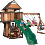Gorge Creek Pure Pine Swing Set, Playhouse with Barbecue Grill, Plastic Utensils, Picnic Area, Steering Wheel, Double-Padded Swing, Rock Climbing Wall, Balcony, Terrace, Mesh Swing (Green Slide)