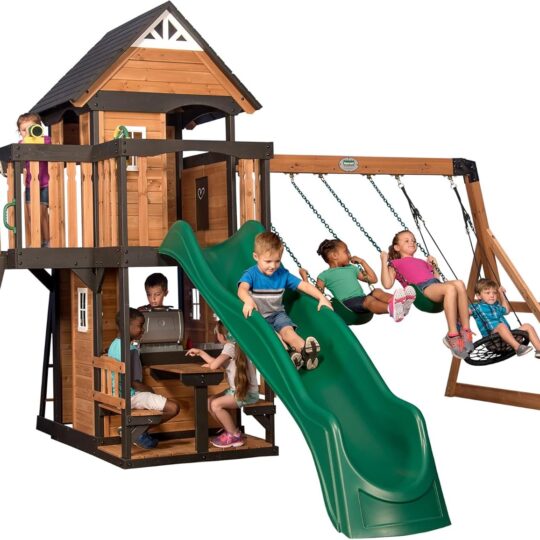 Gorge Creek Pure Pine Swing Set, Playhouse with Barbecue Grill, Plastic Utensils, Picnic Area, Steering Wheel, Double-Padded Swing, Rock Climbing Wall, Balcony, Terrace, Mesh Swing (Green Slide)