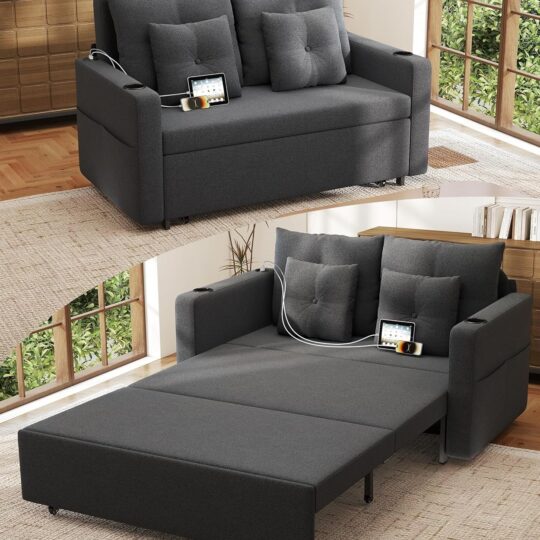 Convertible 56" Sofa Bed with Cup Holders & USB, Dark Grey