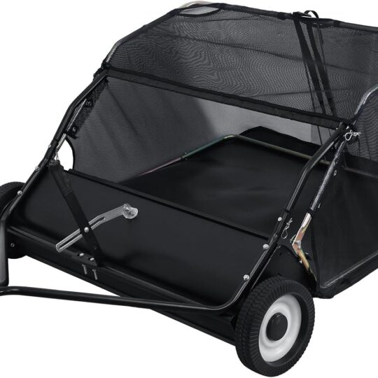 44-Inch Tow Behind Lawn Sweeper, Heavy Duty Yard Sweeper with Dumping Rope Rubber Wheels, Adjustable Sweeping Height Large Capacity Leaf Grass Collector (Black)