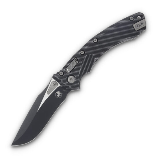 Microtech Amphibian RAM-LOK Fluted Distressed Black 3.87in Apoc Clip Point Blade MT137RL1FLDBK