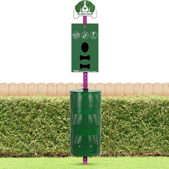 Outdoor version of dog feces collection station - Pet feces collection station with feces bag dispensers - Dog-shaped sign - Large trash can 400 rolls, 200 ziplock bags and 50 reusable bags - Outdoor pet feces collection system