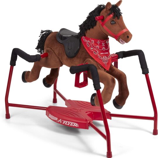 Brown plush interactive riding horse