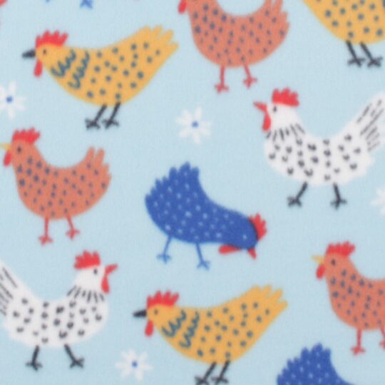 Chickens on Blue Blizzard Fleece Fabric