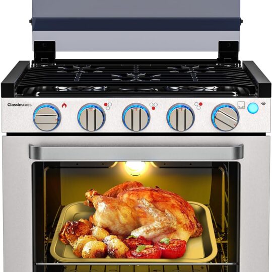 RV liquefied gas stove 21 inches high, a liquefied gas stove oven with 3 burners, suitable for RVs, apartments, mobile homes, made of stainless steel material