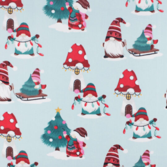 Christmas Gnomes on Blue Anti Pill Fleece Fabric