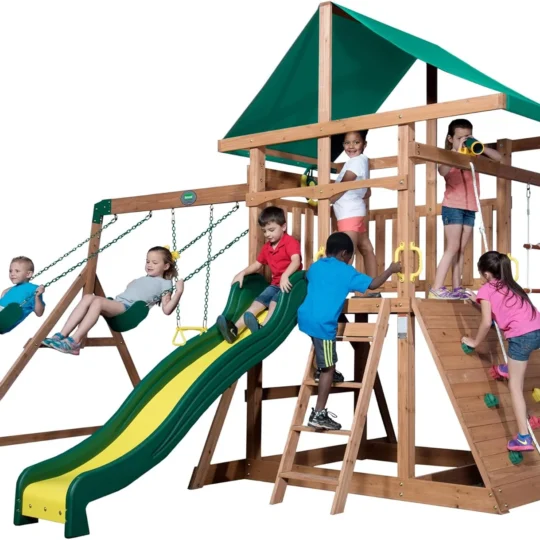 Backyard Discovery Mount Mckinley Cedar Wood Swing Set with Wave Slide, Play Deck, Double Rock Wall, Rope Ladder, Web Swing, Belt Swings, Toy Telescope, Steering Wheel, Sandbox Area, Outdoor Playset