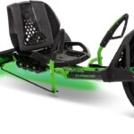 20-inch drift tricycle, with smooth lines and comfortable design, adjustable seat, sturdy steel frame, easy to operate, suitable for children over 8 years old, equipped with LED lighting and foot brakes, available in green and black colors.