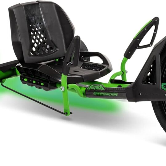 20-inch drift tricycle, with smooth lines and comfortable design, adjustable seat, sturdy steel frame, easy to operate, suitable for children over 8 years old, equipped with LED lighting and foot brakes, available in green and black colors.