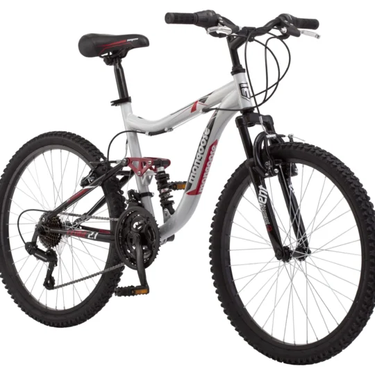 Mongoose Ledge 2.1 Mountain Bike, 24-inch wheels, 21 speeds, boys frame, Silver/Red