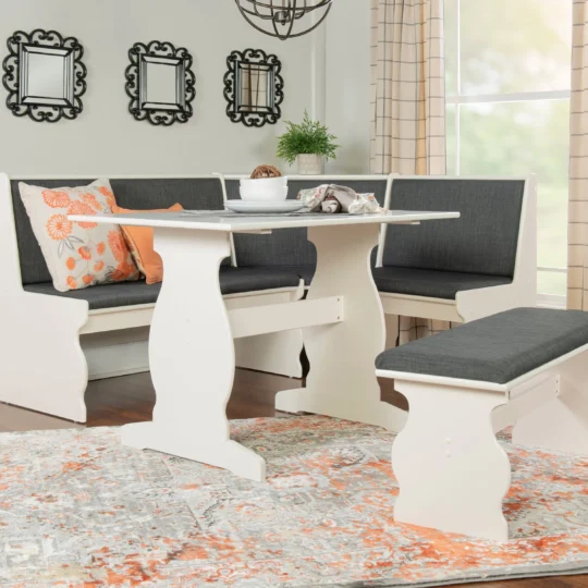 Linon Weston Corner Dining Breakfast Nook with Table and Bench, Seats 5-6, White Finish with Charcoal Fabric